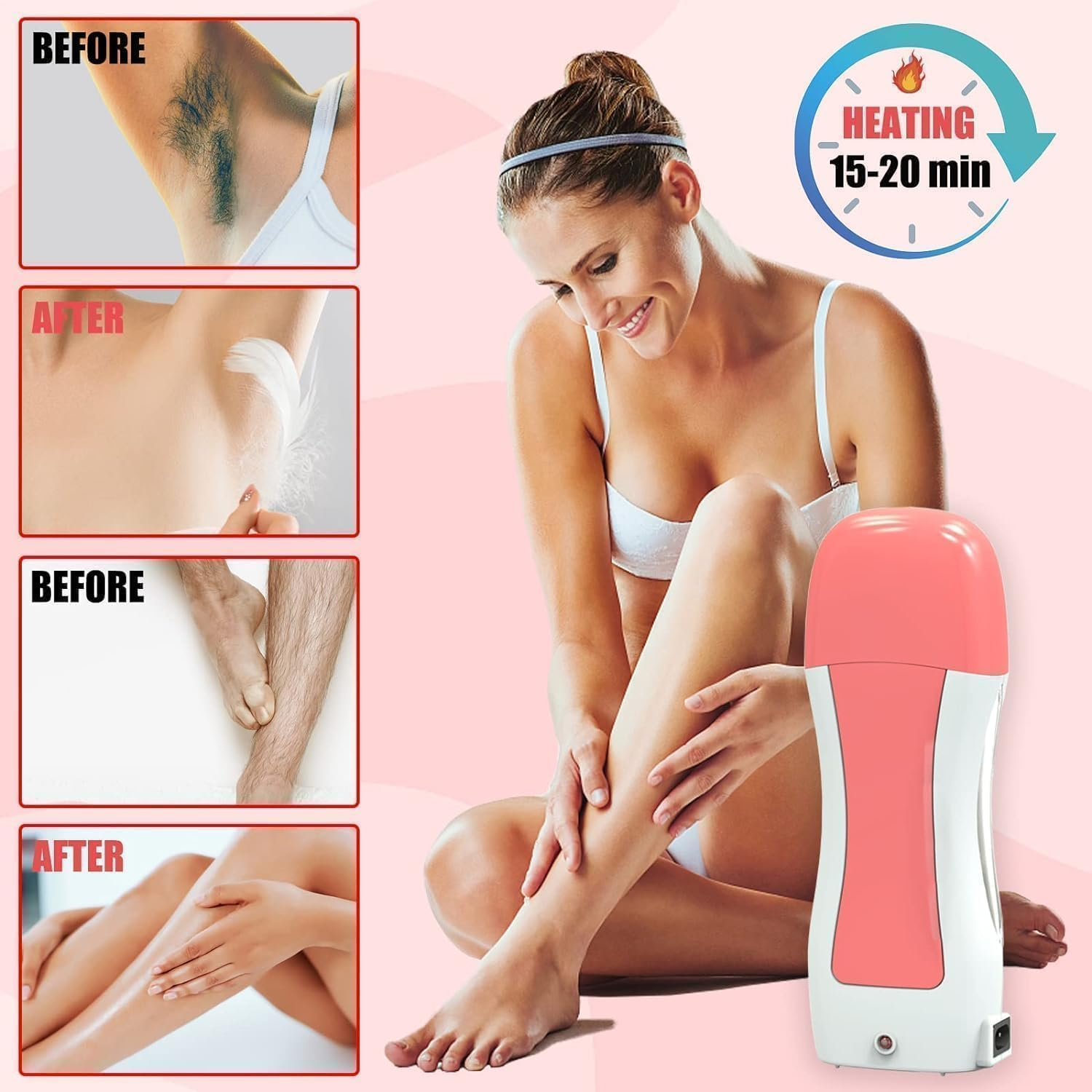 Roll-On Wax Heater Kit with Honey Wax Cartridge & Waxing Strips (Pink & White) - Image 5