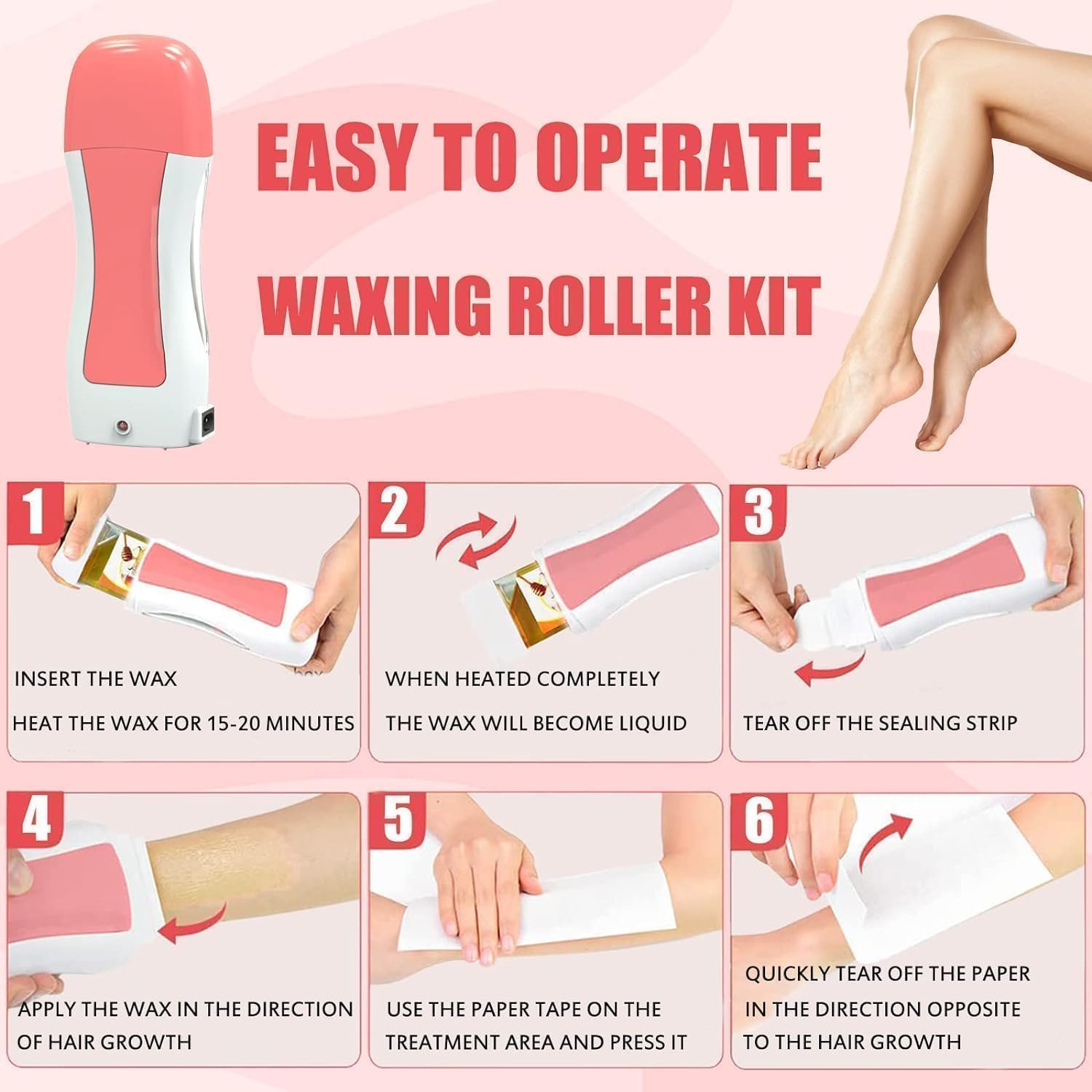 Roll-On Wax Heater Kit with Honey Wax Cartridge & Waxing Strips (Pink & White) - Image 3