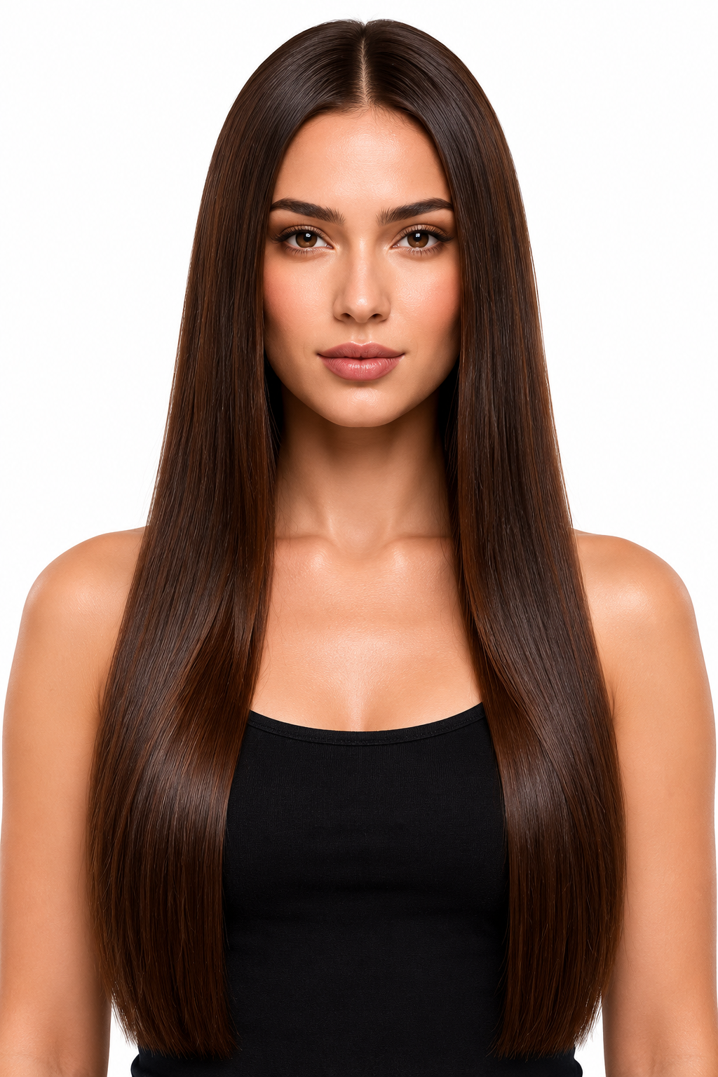 Model with sleek and smooth straightened glossy hair