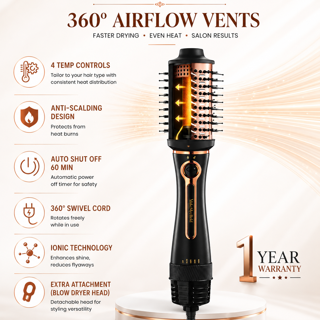 MakeMeeBold 3-in-1 Hot Air Brush | One-Step Hair Dryer, Volumizer & Straightener (Rose Gold) - Image 4