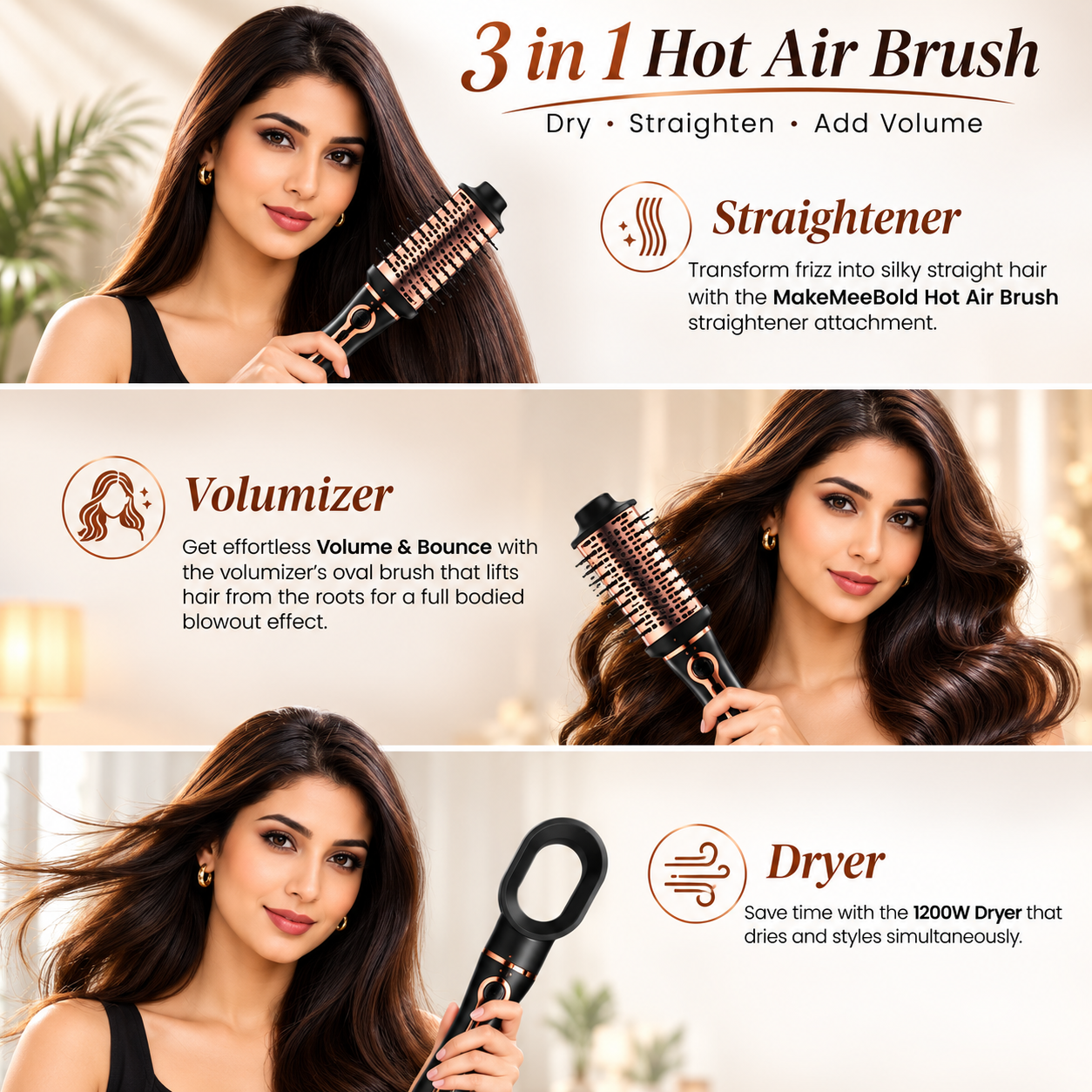 MakeMeeBold 3-in-1 Hot Air Brush | One-Step Hair Dryer, Volumizer & Straightener (Rose Gold) - Image 7