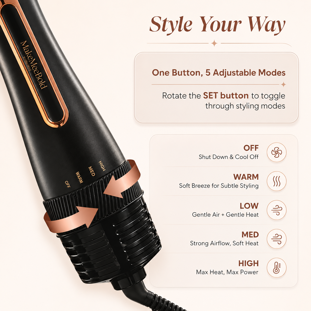 MakeMeeBold 3-in-1 Hot Air Brush | One-Step Hair Dryer, Volumizer & Straightener (Rose Gold) - Image 8